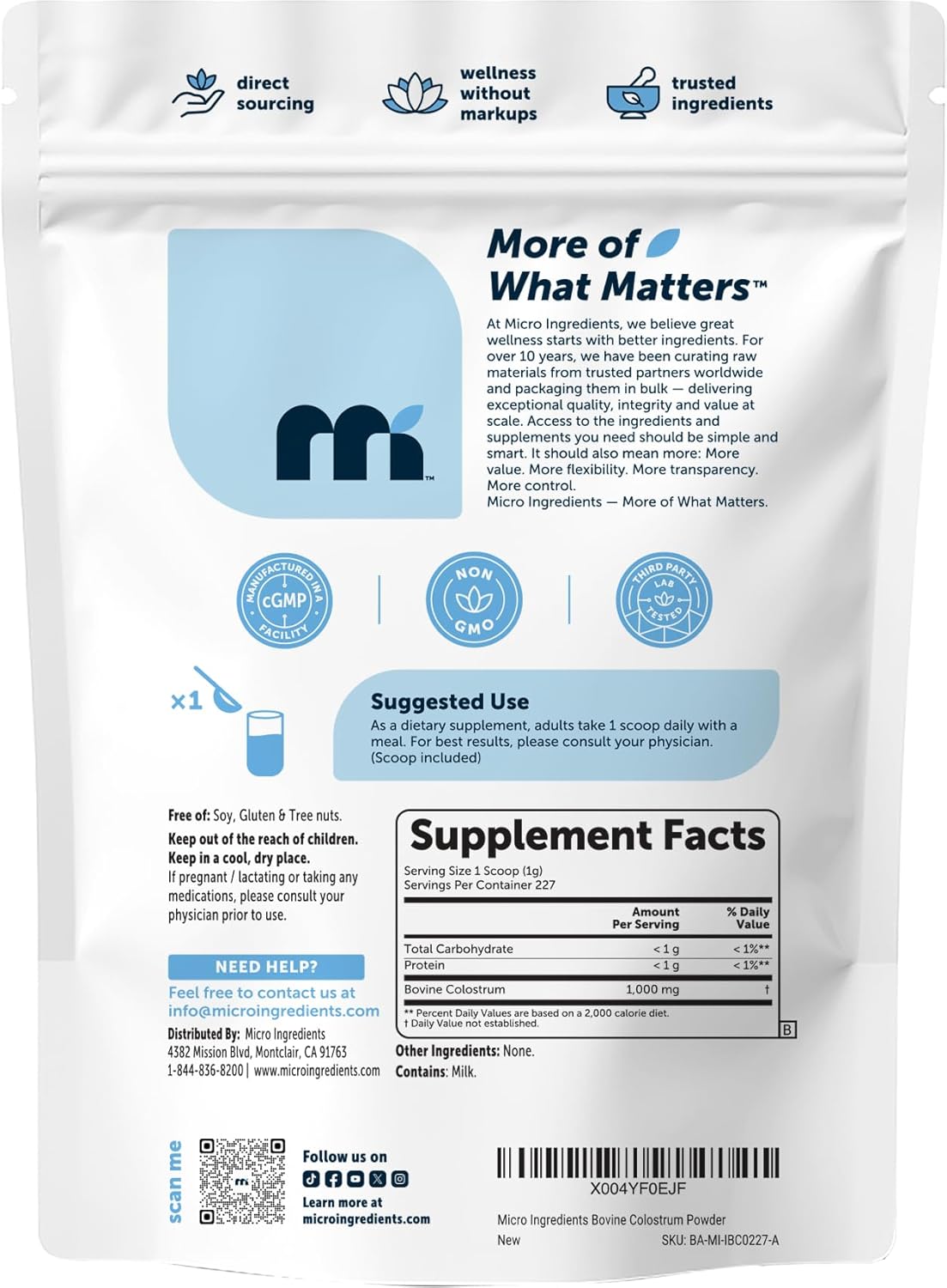 Micro Ingredients Bovine Colostrum Powder, 8 oz | Colostrum Supplement for Women & Men | Unflavored & Instant Dissolve | Non-GMO, Gluten-Free