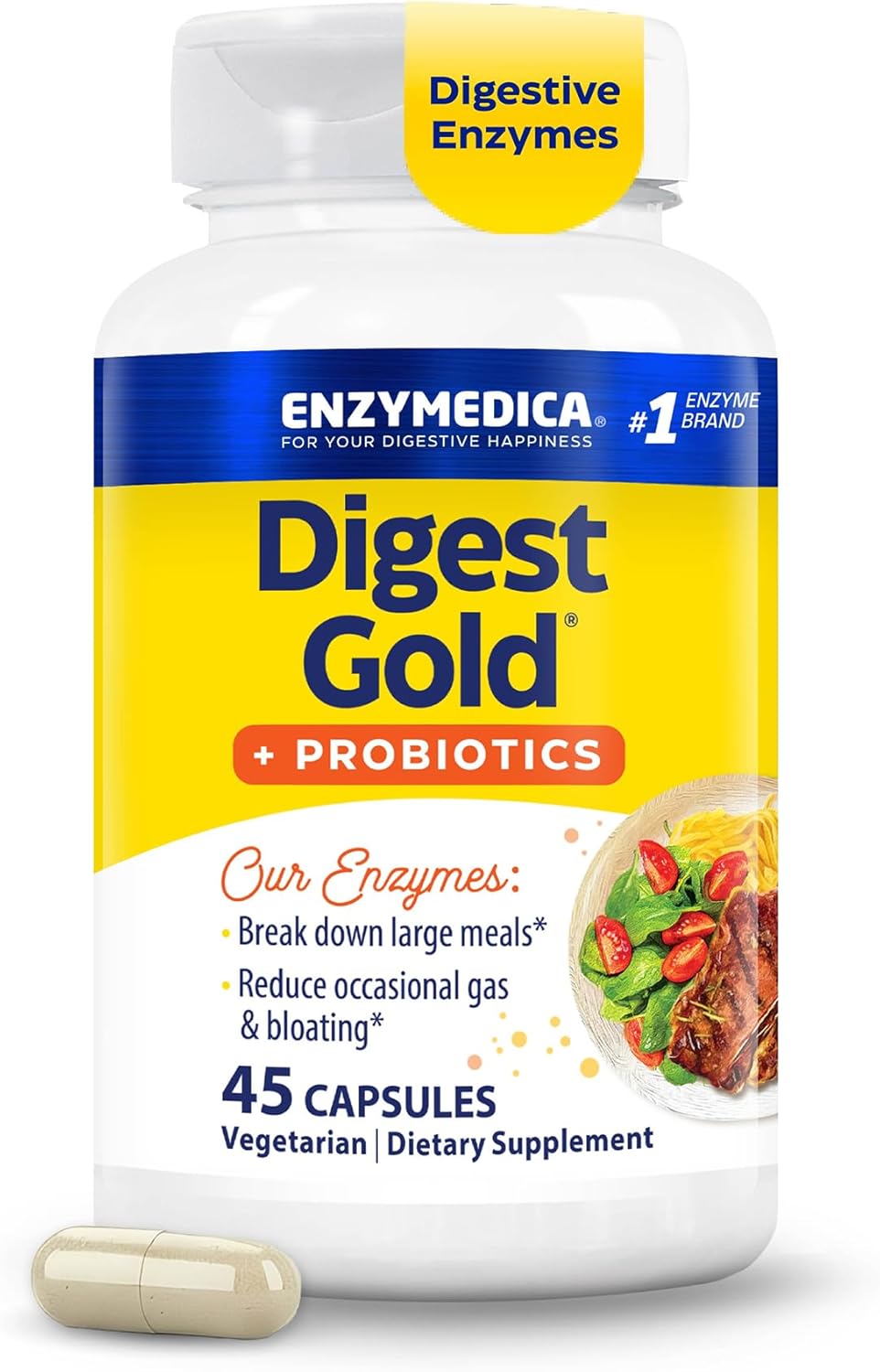 Enzymedica Digest Gold + Probiotics - Digestive Enzyme Supplement for Women & Men, Enzyme and Probiotic Capsules for Digestion, Gut Health Support, Helps Gas & Bloating, Vegetarian - 45 Caps
