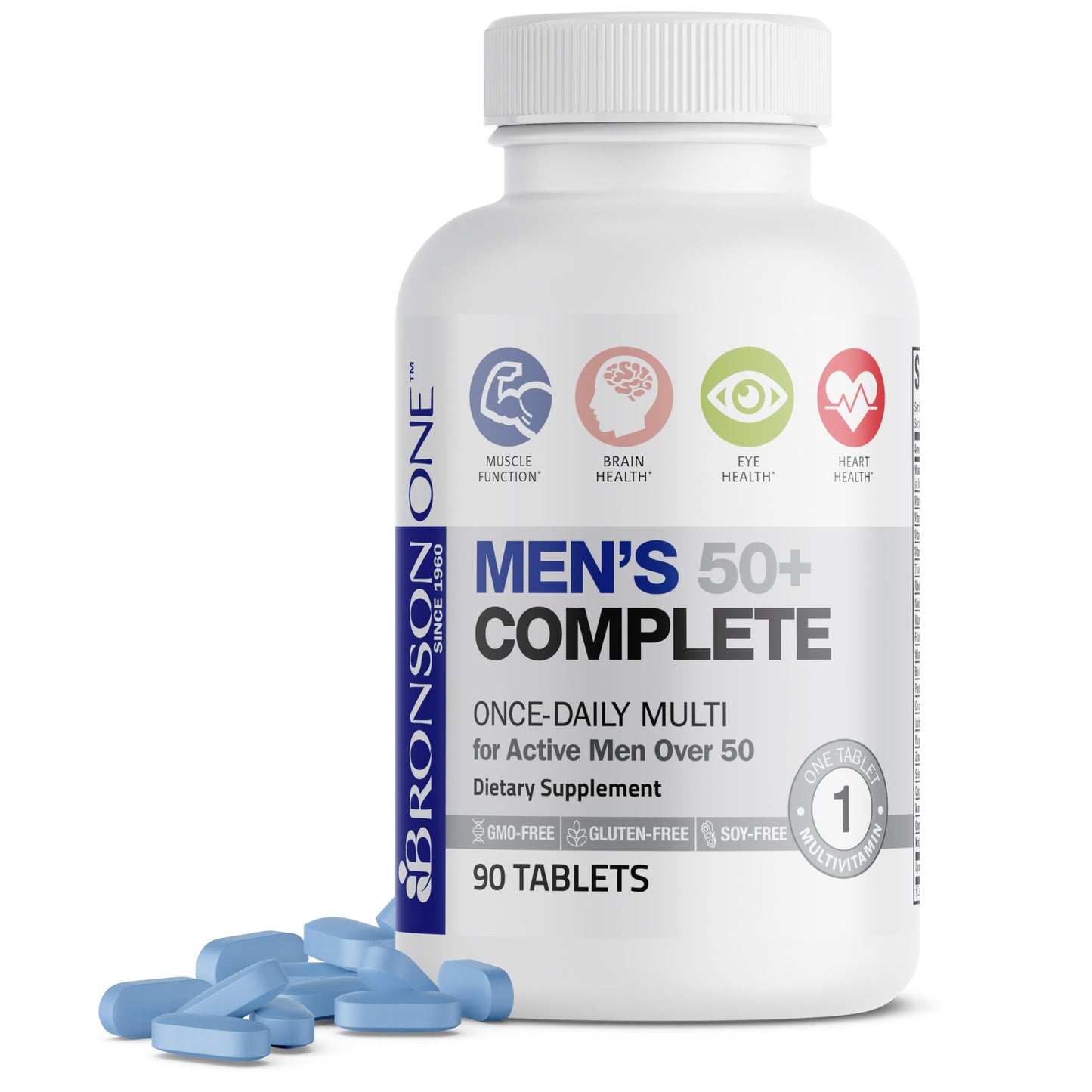 Bronson ONE Daily Mens 50+ Complete Multivitamin Multimineral, 180 Tablets | Once-Daily, Targeted Nutrition For Active Men Over 50, Non-GMO, Gluten-Free, Soy-Free