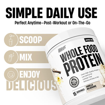 Nutrex Research Whole Food Protein Powder, 20g Protein per Scoop, Lactose Free, Dairy Free, Low Carb Low Fat, Collagen Peptides, 15 Servings (Vanilla Milkshake)