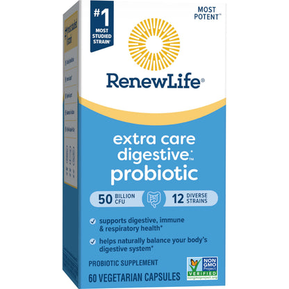 Renew Life Extra Care Digestive Probiotic 50 Billion CFU | 90 Vegetarian Capsules | Supports Digestive, Immune & Respiratory Health | Dairy, Soy and Gluten Free Supplement