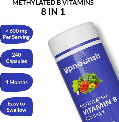 UpNourish Methylated B Complex Vitamins for Women and Men, 240 Veggies Capsules - Active Pure B Complex with Organic Fruits, Vegetables, B1 Thiamine, B2 Riboflavin, B3 Niacin, Folate, Methylcobalamin