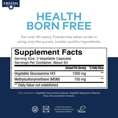 FREEDA Glucosamine 1500mg + MSM 750mg for Bone & Joint Support – 100ct | For Active Lifestyles – Supports Knees, Hips, Flexibility, & Mobility – Vegan, Kosher, Shellfish-Free, Made in USA