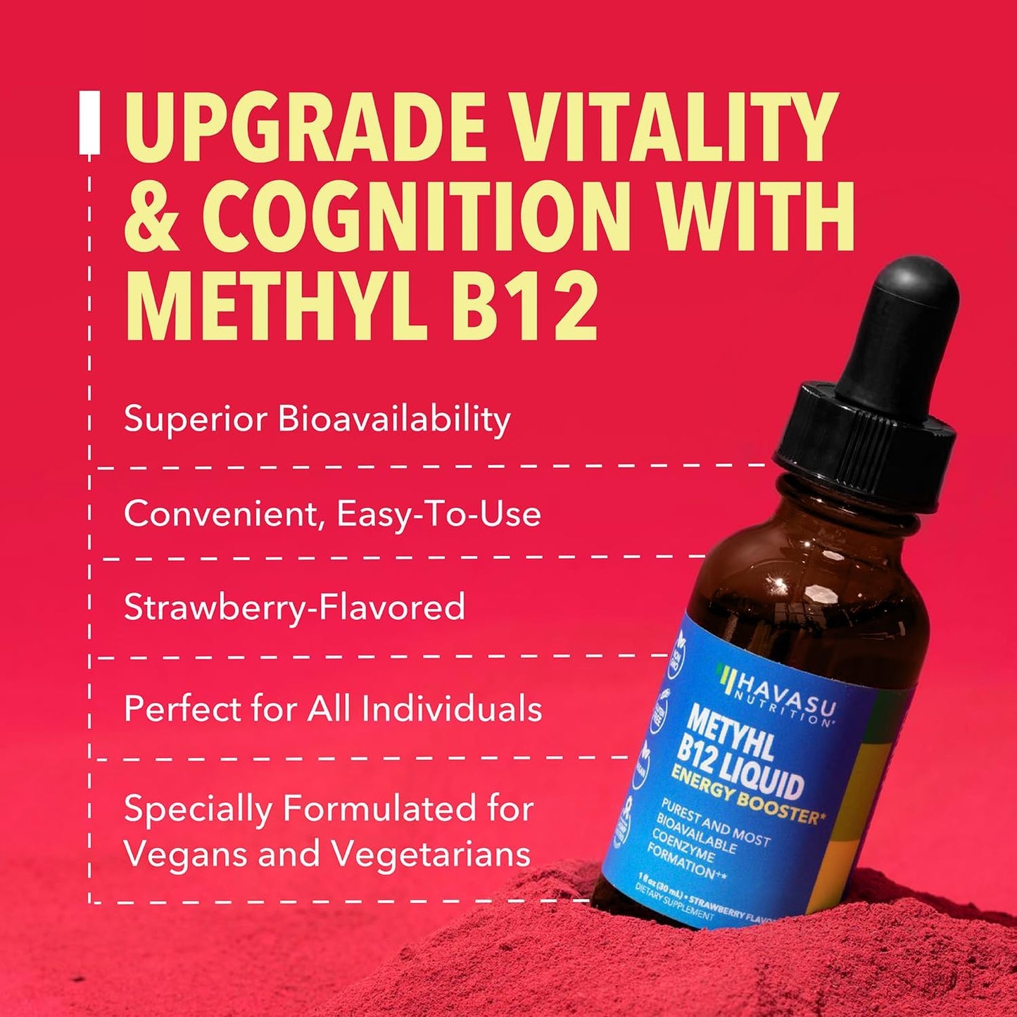 Organic Vitamin B12 Liquid Drops, Strawberry, Enhanced Energy, 1 Fl Oz | USDA Organic Vitamin B12 Liquid Drops, Highly Bioavailable Methylcobalamin for Nervous System Support, 30 Servings, Non-GMO