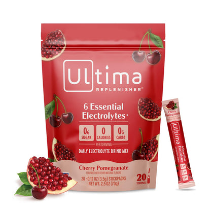 Ultima Replenisher Cherry Pomegranate Electrolyte Packets, 20 Stickpacks | Daily Zero Sugar Powder Hydration Packets with 6 Key Electrolytes & Minerals - Sugar Free, Plant Based & Keto Friendly