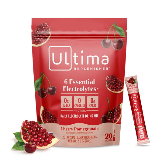 Ultima Replenisher Cherry Pomegranate Electrolyte Packets, 20 Stickpacks | Daily Zero Sugar Powder Hydration Packets with 6 Key Electrolytes & Minerals - Sugar Free, Plant Based & Keto Friendly