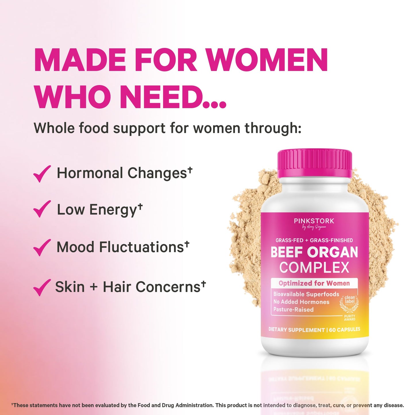 Pink Stork Beef Organ Supplement for Women, Clean Label, 60 Capsules | Grass-Fed Beef Liver Capsules, Iron, B12, CoQ10, Vitamin A, Primal Multivitamin for Hormone + Energy Support