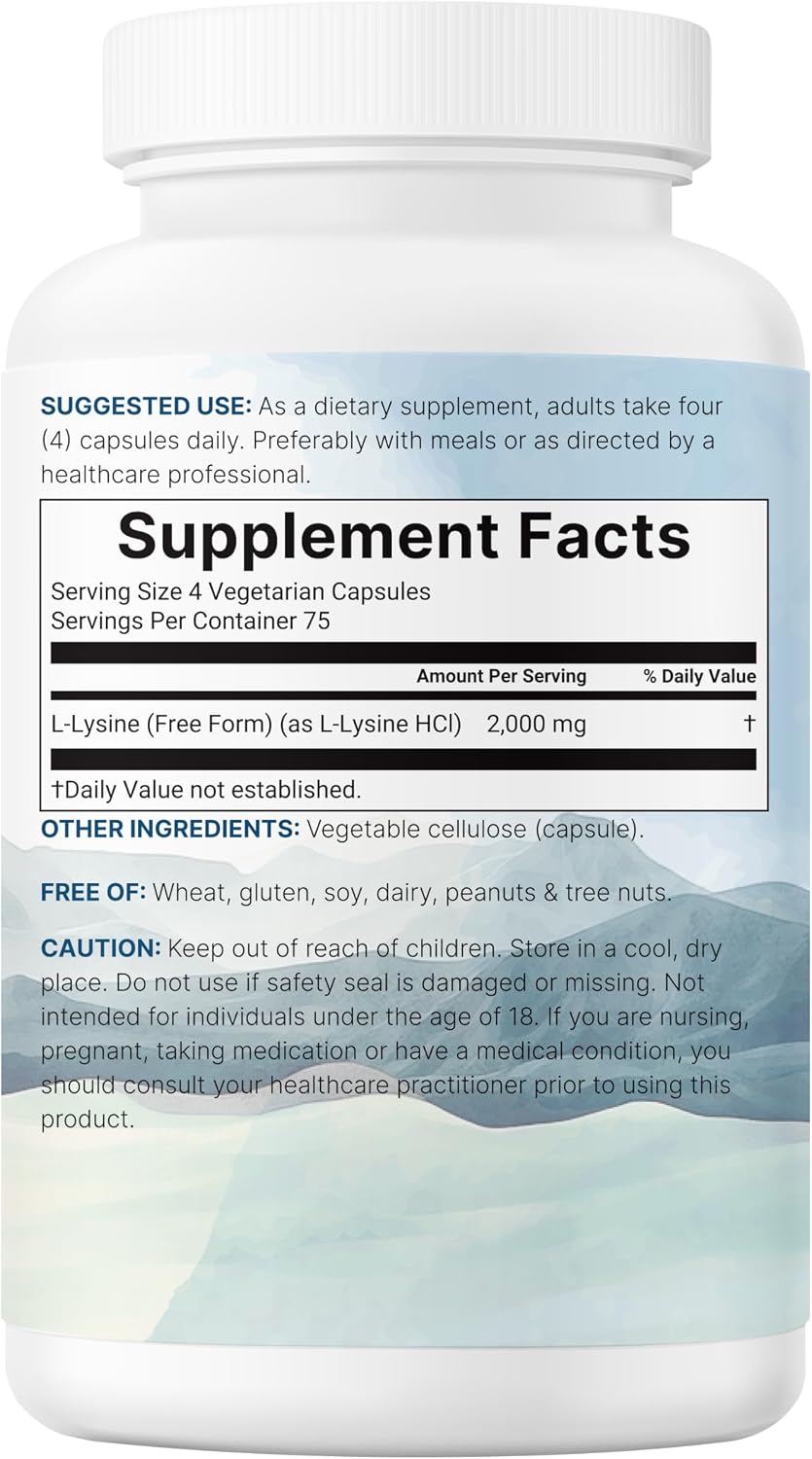 Pure L-Lysine 2,000mg, 300 Veggie Capsules | Maximum Potency, Easily Absorbed, Free Form | Essential Amino Acid for Collagen, Lip, & Immune Support | Clean Ingredients Without Fillers