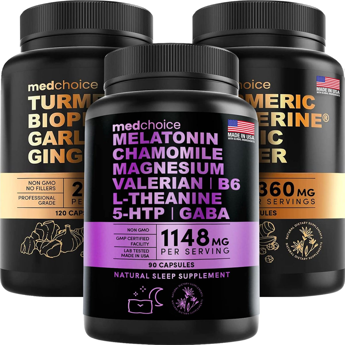 10-in-1 Melatonin 6mg Sleep Support (90 ct) Pack of 1, Sleep Supplements for Adults & 4-in-1 Turmeric Curcumin w Bioperine 2360mg (120 ct) Pack of 2 Curcumin Supplements for Joint and Digestion