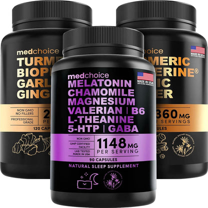 10-in-1 Melatonin 6mg Sleep Support (90 ct) Pack of 1, Sleep Supplements for Adults & 4-in-1 Turmeric Curcumin w Bioperine 2360mg (120 ct) Pack of 2 Curcumin Supplements for Joint and Digestion