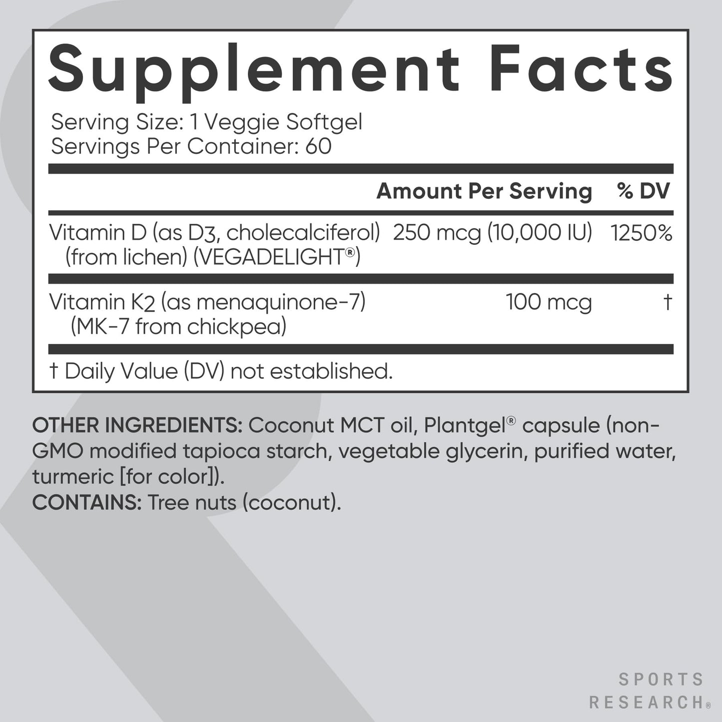 Sports Research® Vitamin D3 + K2 with 10,000iu of Plant-Based D3 & 100mcg of Vitamin K2 as MK-7 | Non-GMO Verified & Vegan Certified 60ct