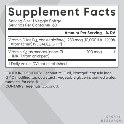 Sports Research® Vitamin D3 + K2 with 10,000iu of Plant-Based D3 & 100mcg of Vitamin K2 as MK-7 | Non-GMO Verified & Vegan Certified 60ct