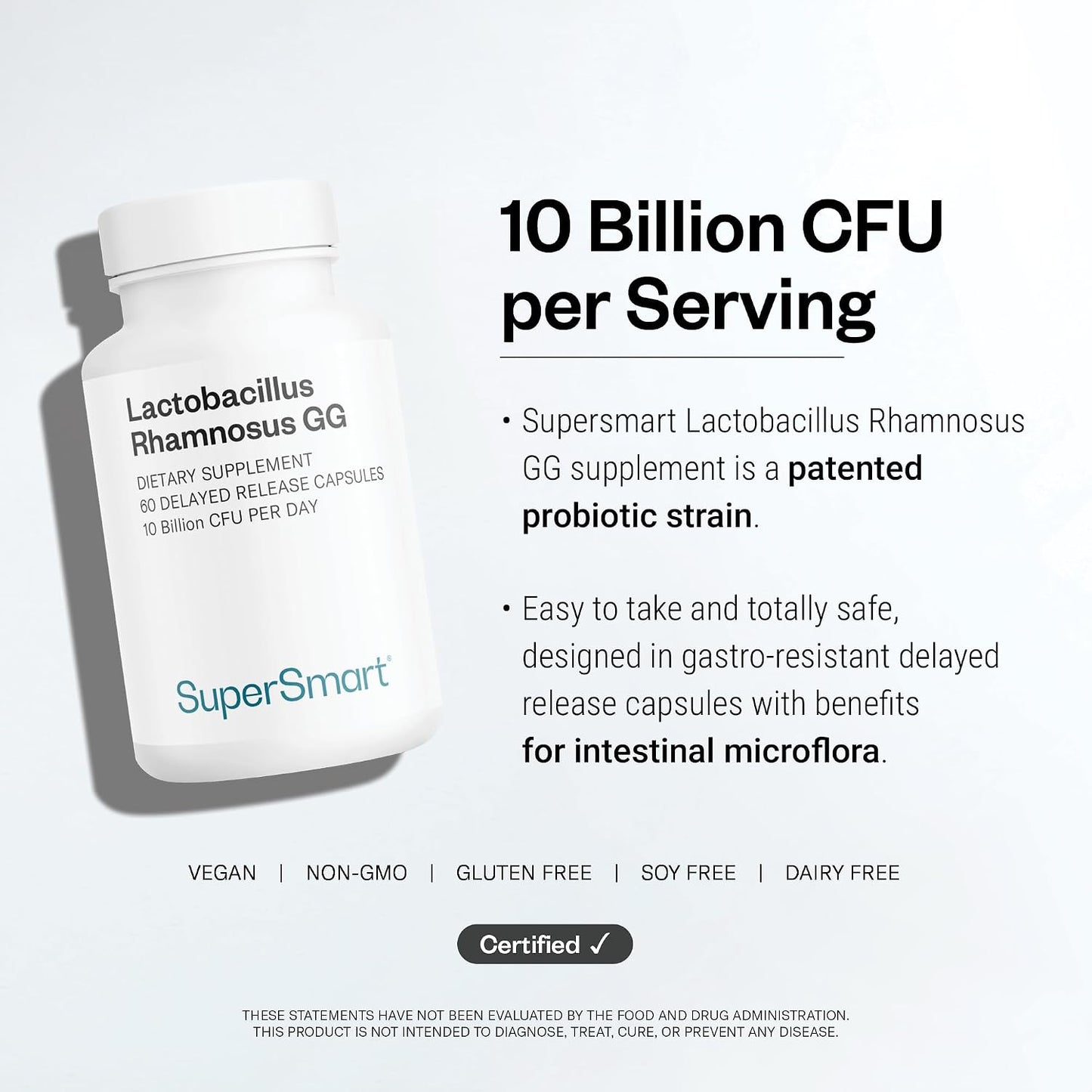 Supersmart Lactobacillus Rhamnosus GG 10 Billion CFU per Day (LGG Probiotic with Inulin) - L. Rhamnosus Supplement | Non-GMO & Gluten Free - 60 DR Capsules