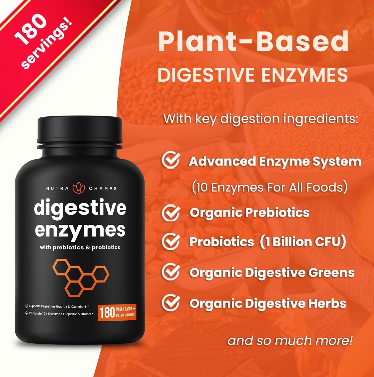 NutraChamps Digestive Enzymes with Probiotics and Prebiotics for Women & Men - 180 Vegan Capsules with Bromelain for Bloating & Optimal Gut Health