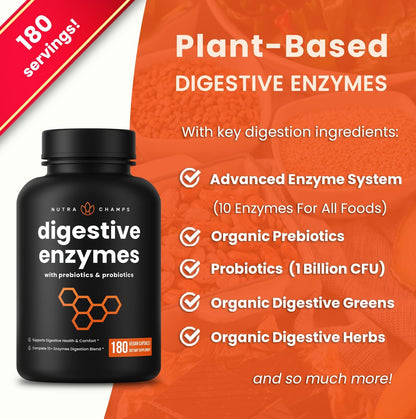NutraChamps Digestive Enzymes with Probiotics and Prebiotics for Women & Men - 180 Vegan Capsules with Bromelain for Bloating & Optimal Gut Health