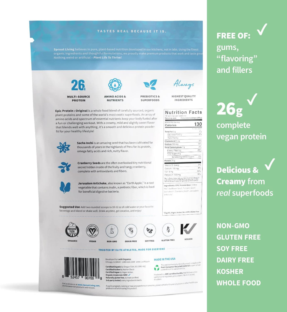 Sprout Living Epic Protein Bundle - Original, Chocolate Maca & Vanilla Lucuma (20-26g Organic Plant-Based Protein Powder, Vegan, Superfoods) | 1lb, 12 Servings