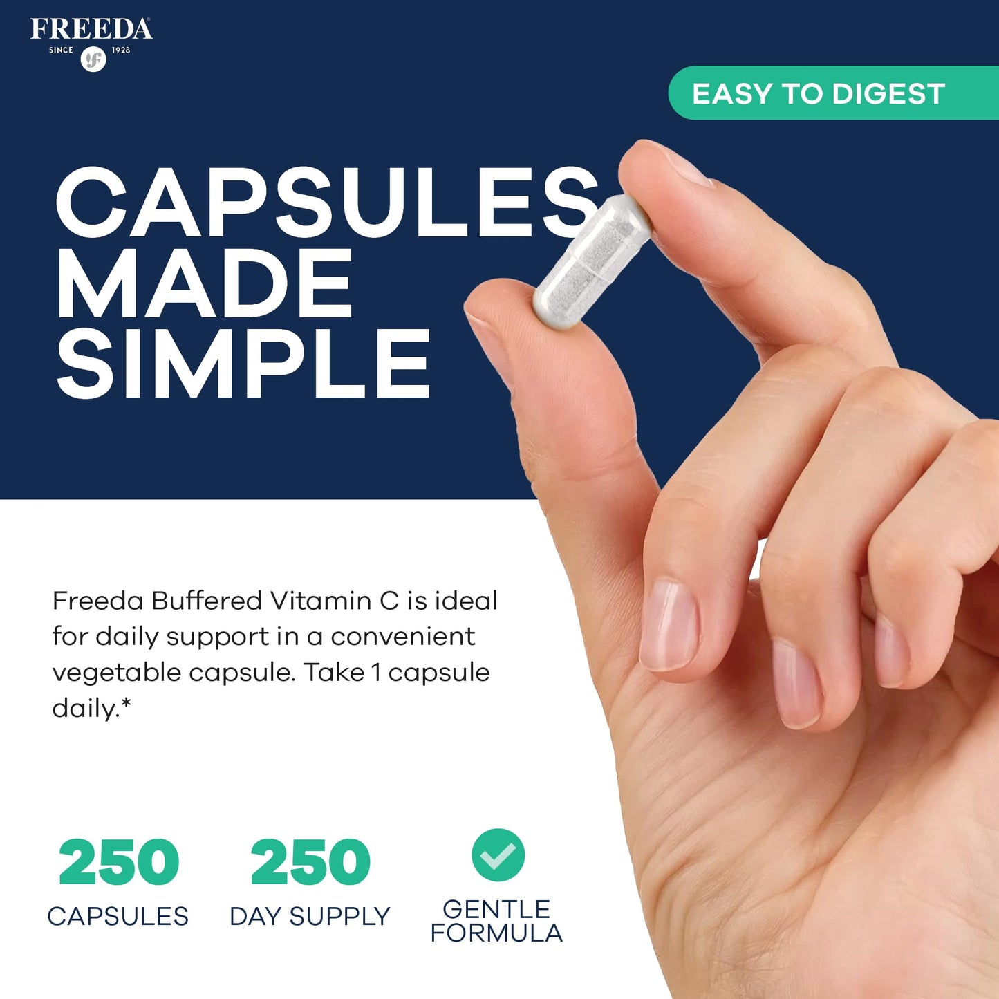 FREEDA Buffered Vitamin C 500mg for Immune Support – 100 Capsules | Includes 50mg Calcium – Supports Immune Health & Antioxidant Defense – Gentle on Stomachs, Kosher, Vegan, & Made in USA