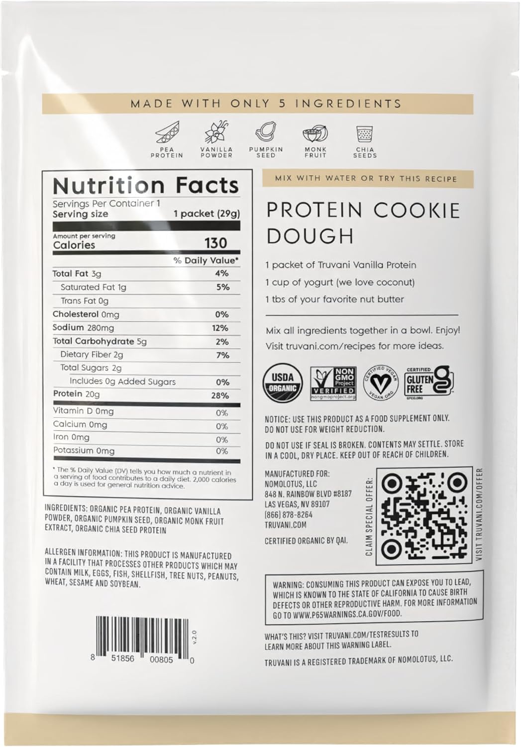 Truvani Organic Plant Based Protein Powder | Vanilla | 1 Serving | Vegan | 20g Pea Protein | Keto | Gluten & Dairy Free | Low Carb | No Added Sugar