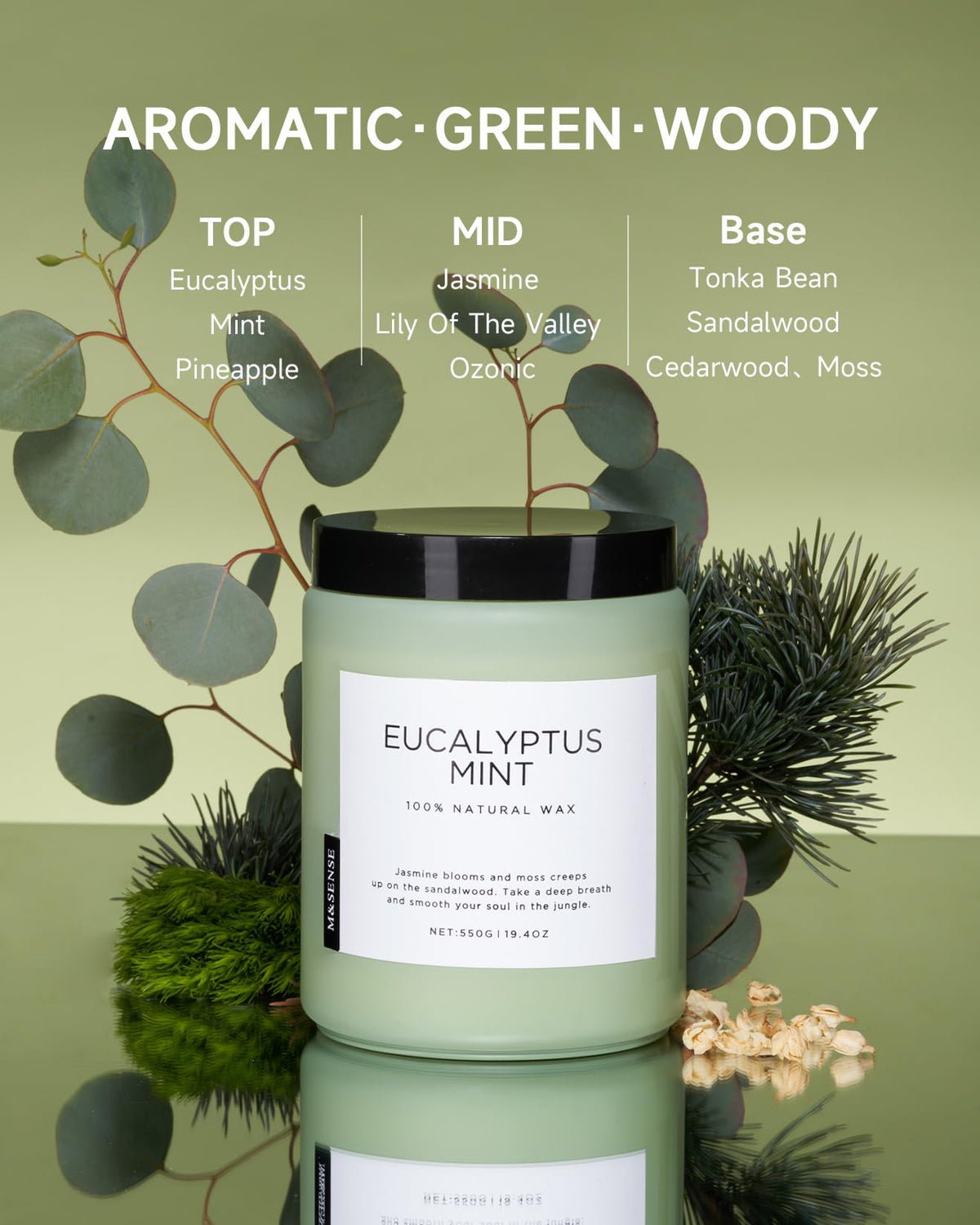 M&SENSE Eucalyptus Mint Candles for Home Scented, 19.4oz 110 Hours Burn Soy Aromatherapy