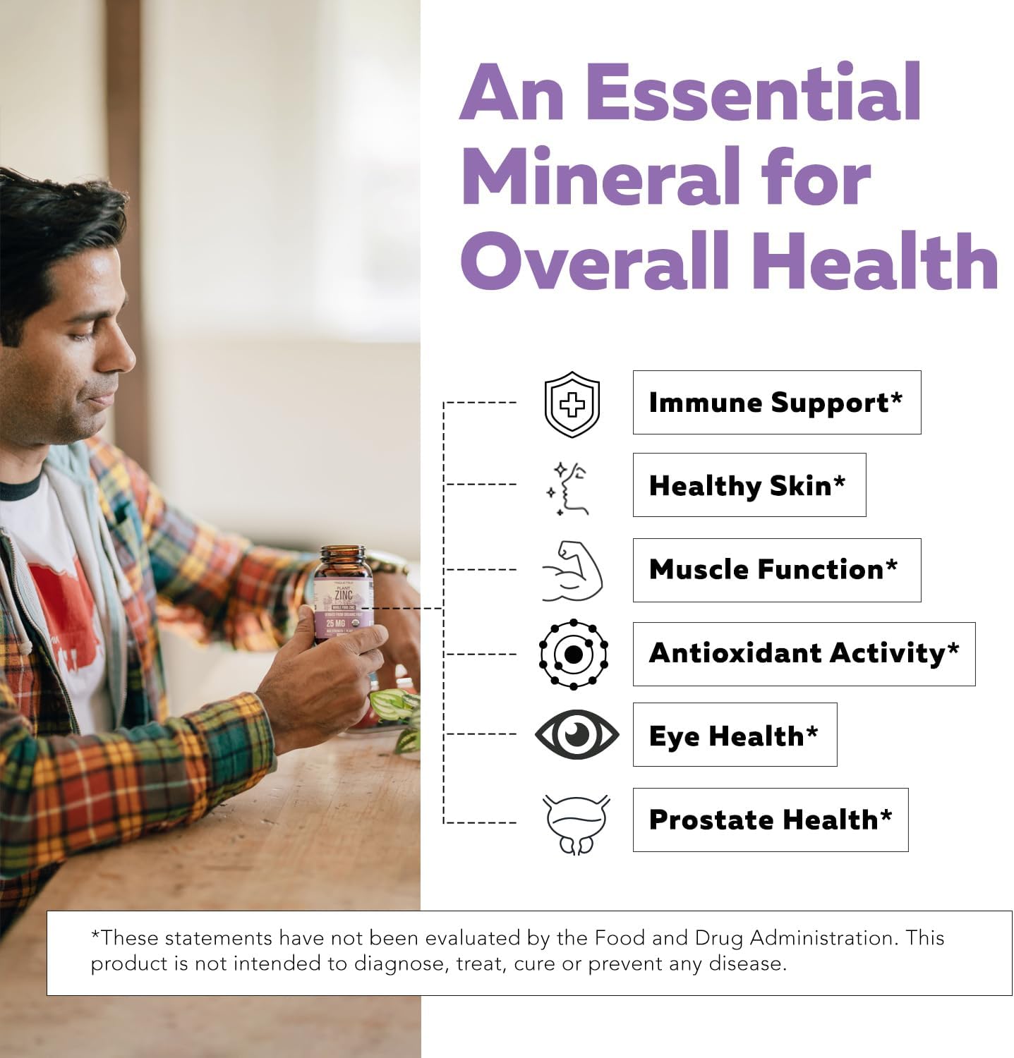 Organic Zinc 25 mg | Whole Food zinc Supplements | Derived from Organic Fruit, Elemental Zinc - Water Extracted, Vegan, GMO-Free - Essential Mineral, Antioxidant, Immune Support, Skin - 60 Servings