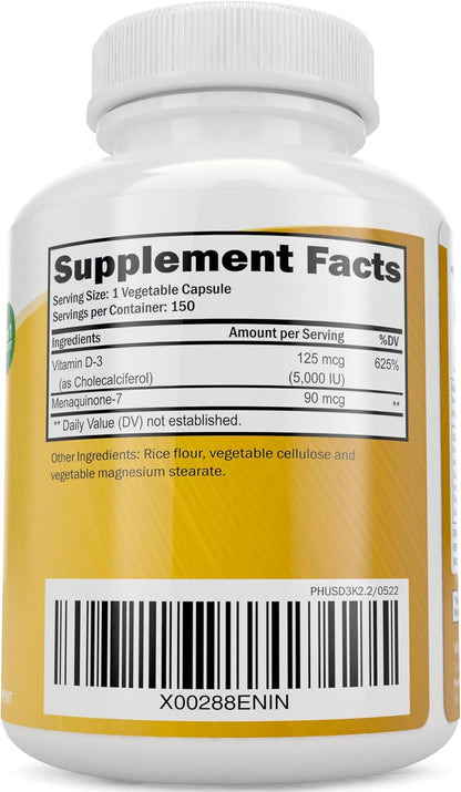 Vitamin D3 K2, 150 Servings, 5000iu D3 + 90mcg K2, Bone & Immune Support | Energy & Heart Health Support, High Absorption & Non-GMO, Once-Daily Vitamin Supplement, 150 D3K2 Capsules (5 Month Supply)
