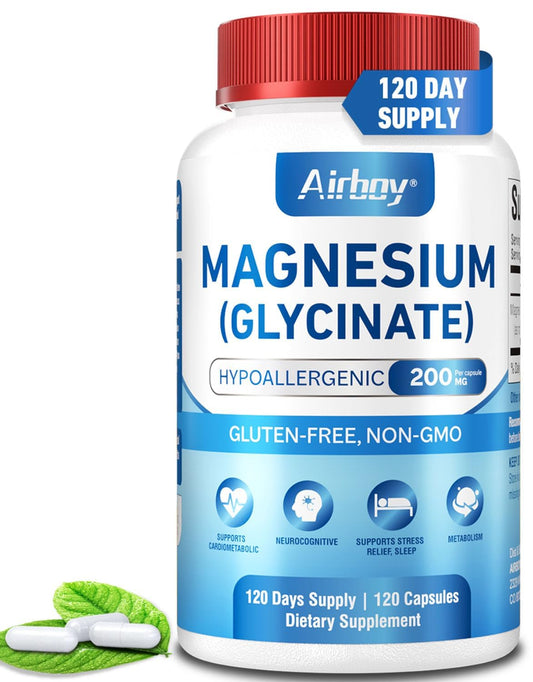 Airboy Magnesium Glycinate 200 mg, Best Magnesium Glycinate for Sleep,120 Vegan Small Capsules, High Absorption Support Relaxation, Sleep and Calm Mood,Non-GMO and No Gluten
