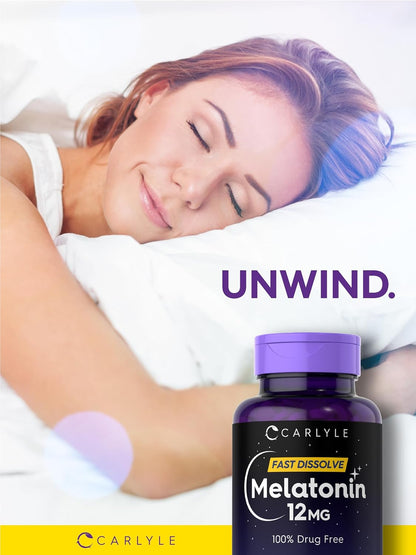 Carlyle Melatonin 12 mg Fast Dissolve 300 Tablets | Drug Free | Natural Berry Flavor | Vegetarian, Non-GMO, Gluten Free