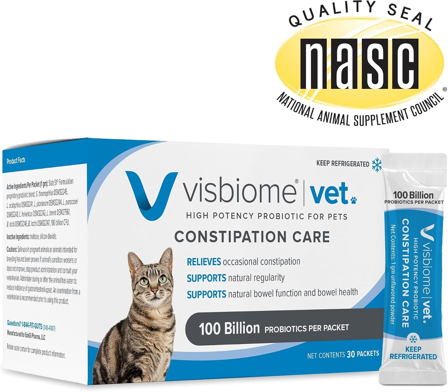 Visbiome® Vet Constipation Care Probiotic for Cats, 100B CFU, 30 Packets | Veterinarian Recommended, Slab51® Formulation, Multi-Strain, Refrigerated Probiotics, Weight-Based Dosing