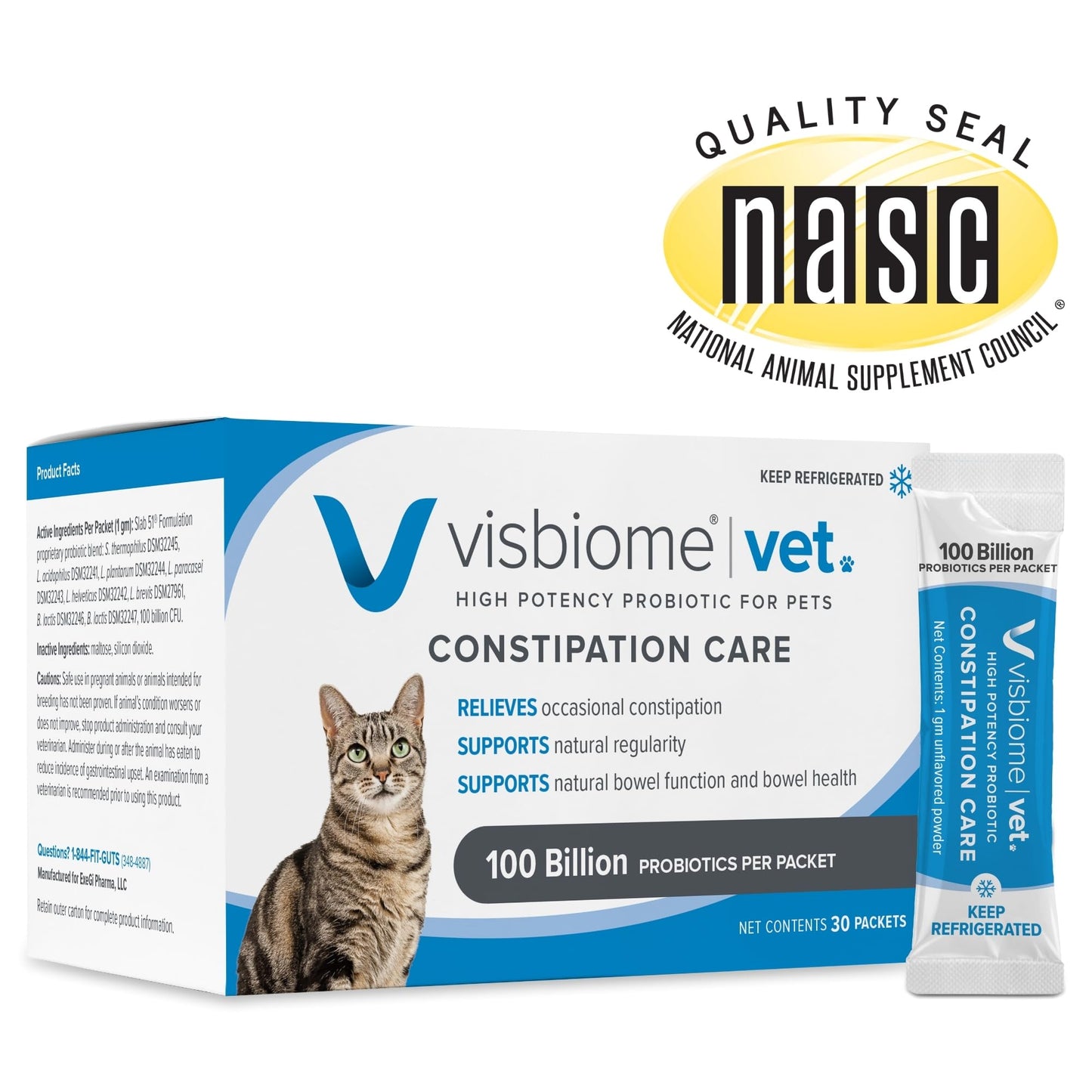 Visbiome® Vet Constipation Care Probiotic for Cats, 100B CFU, 30 Packets | Veterinarian Recommended, Slab51® Formulation, Multi-Strain, Refrigerated Probiotics, Weight-Based Dosing