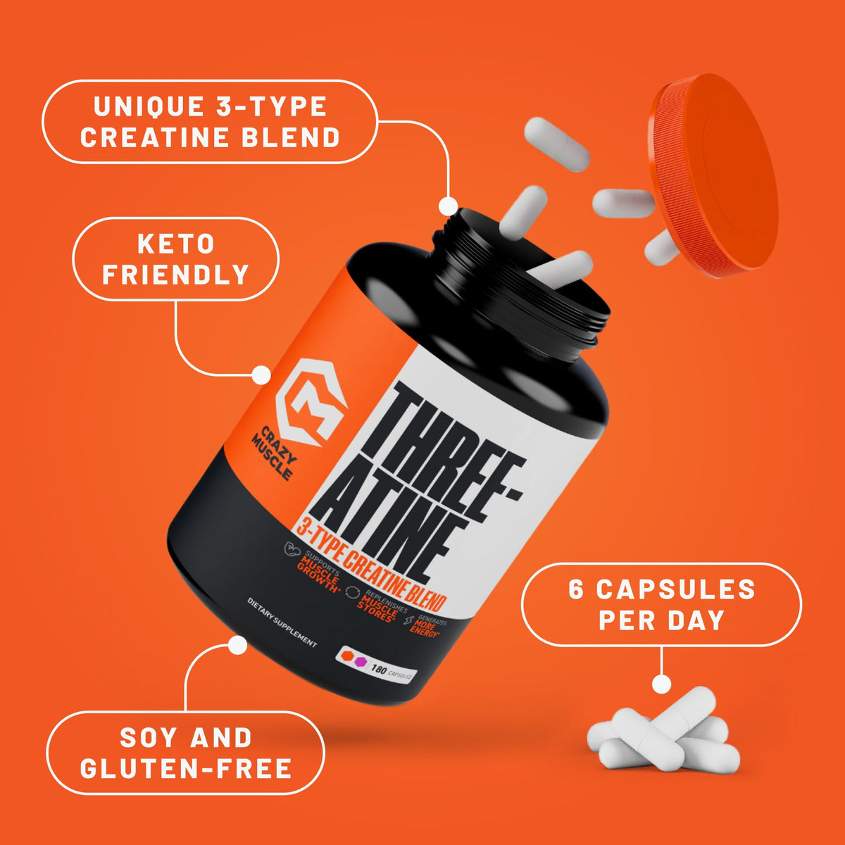 Creatine Capsules - 5g of Premium 3X ThreeAtine Pre Workout Bulk Muscle Mass Gainer
