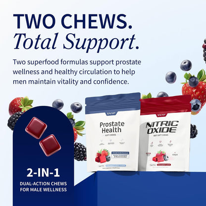 Snap Supplements Prostate Health + Nitric Oxide Bundle, 60 Soft Chews Each | Plant Sterols, Stinging Nettle Root & Reishi Mushroom + Beet Root Natural Chews, Pomegranate-Berry + Mixed Berry Flavors