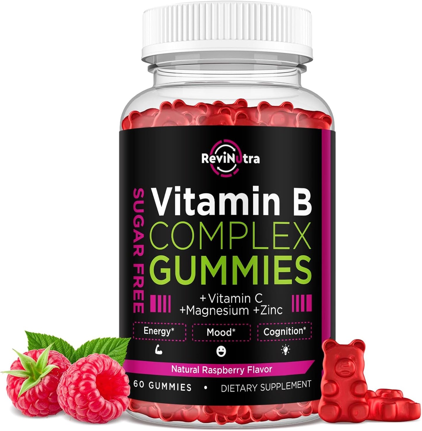 Vitamin B Complex Gummies for Women & Me, Vitamin B12, B1, B2, B3, B6, B7, B9 with Vitamin C, Zinc, Magnesium & CoQ10 for Energy, Brain, Nervous System & Mood, Natural Raspberry Flavor, 60 Gummies