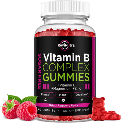 Vitamin B Complex Gummies for Women & Me, Vitamin B12, B1, B2, B3, B6, B7, B9 with Vitamin C, Zinc, Magnesium & CoQ10 for Energy, Brain, Nervous System & Mood, Natural Raspberry Flavor, 60 Gummies
