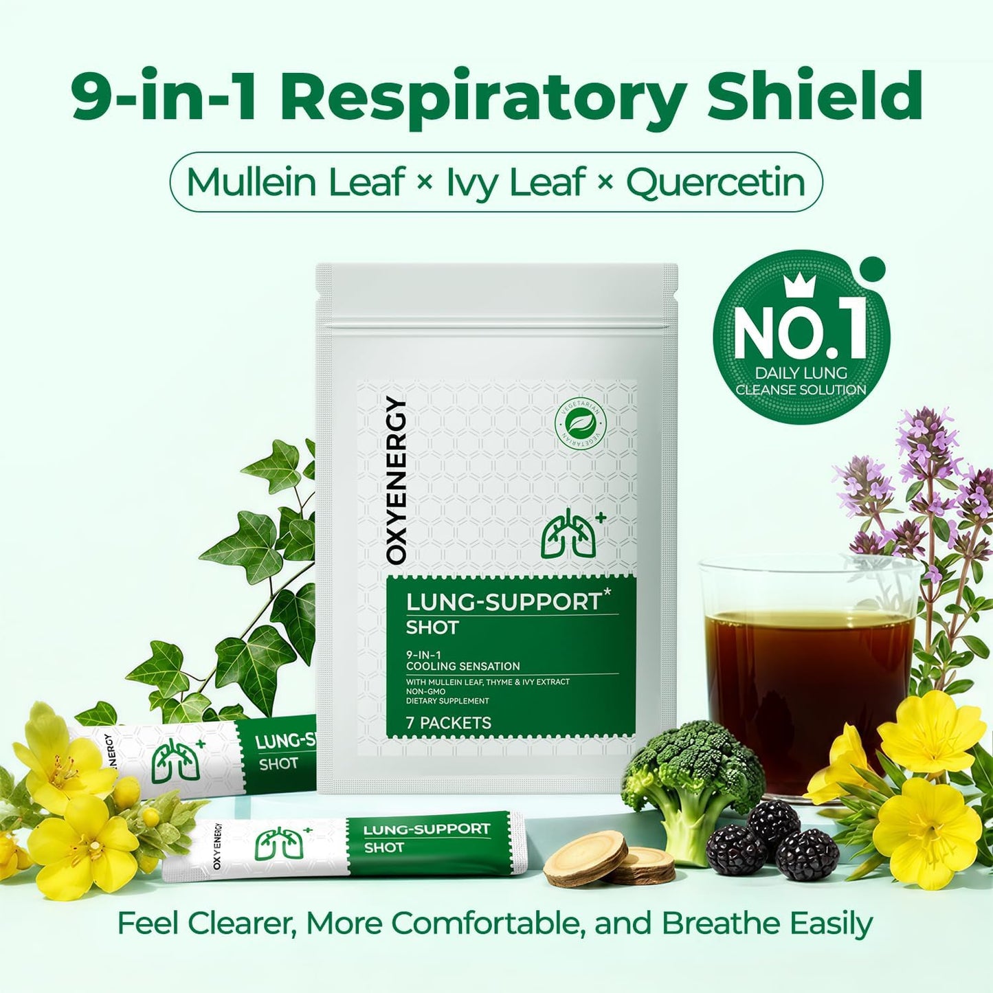 OxyEnergy Mullein Leaf Extract for Lungs, 9-in-1 Lung Detox for Smokers with Thyme, Ivy, Licorice & Quercetin, Mucus Relief, Respiratory & Immune Support, Alcohol Free, Non-GMO, 21 Sticks Mint Berry