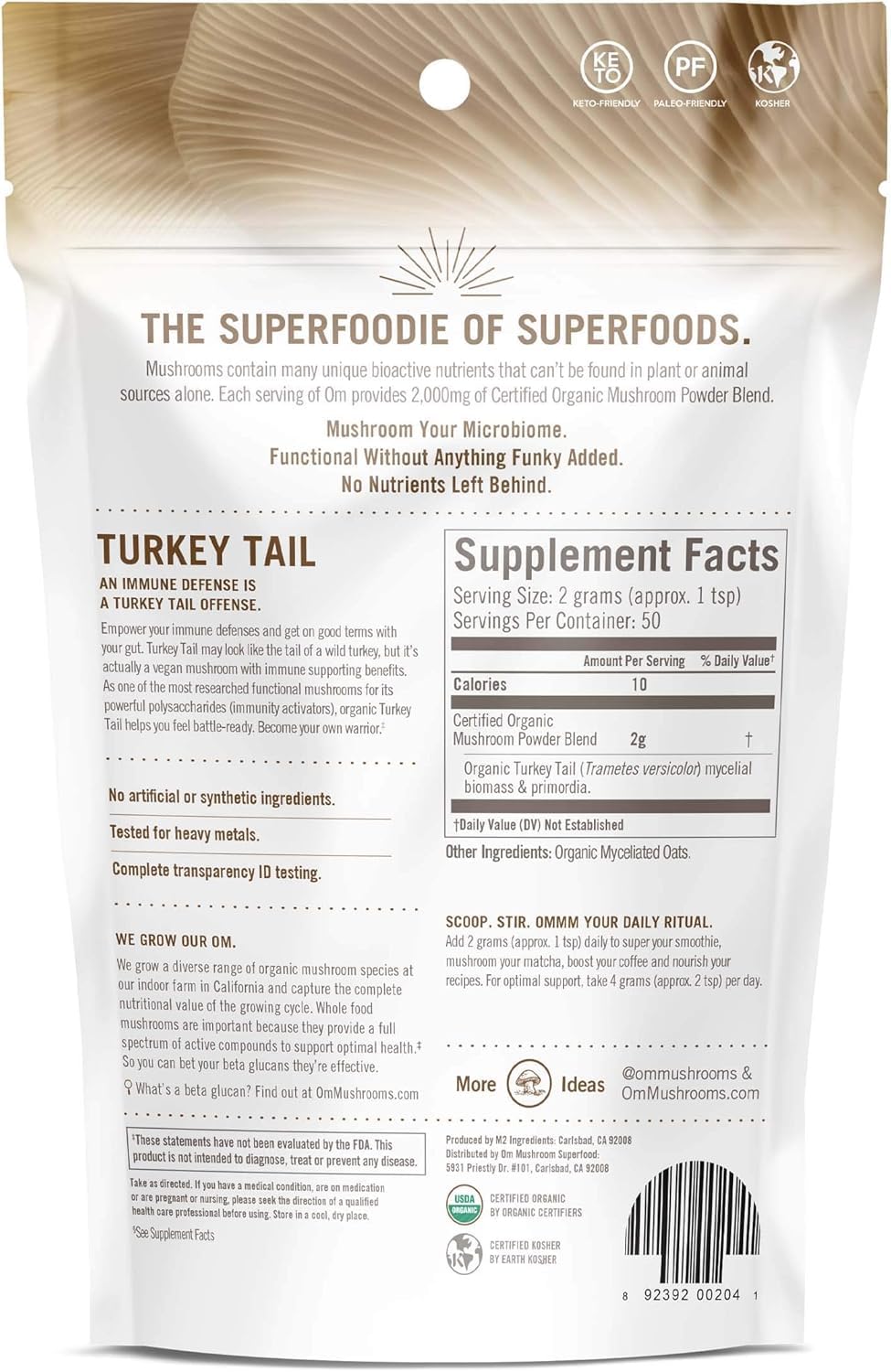 OM MUSHROOM SUPERFOOD Turkey Tail Organic Mushroom Powder Pouch, 7.05 Ounce, 100 Servings, Immune Support, Polysacchrides, Beta-Glucans, Gut Health & Holistic Defense Mushroom Supplement