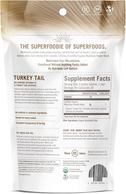 OM MUSHROOM SUPERFOOD Turkey Tail Organic Mushroom Powder Pouch, 7.05 Ounce, 100 Servings, Immune Support, Polysacchrides, Beta-Glucans, Gut Health & Holistic Defense Mushroom Supplement
