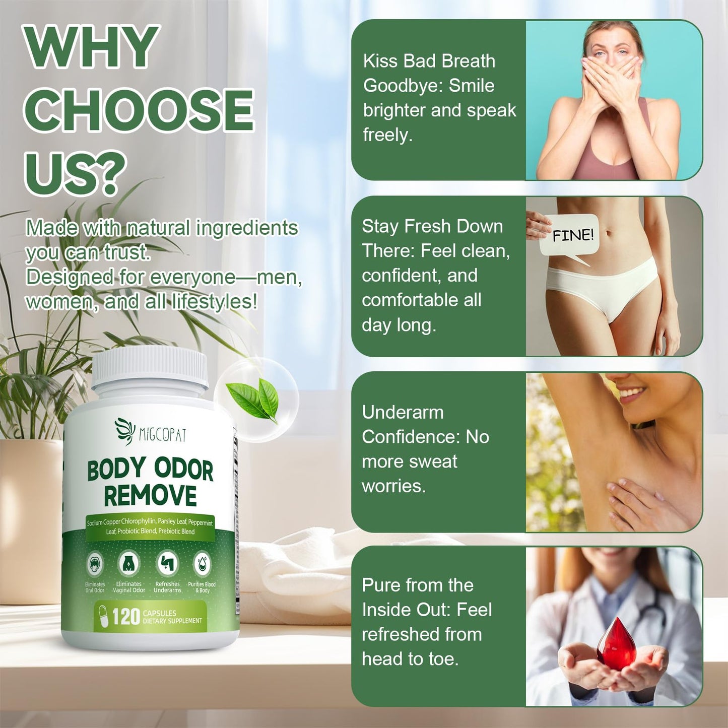 Chlorophyll Body Deodorizing Supplement, Chlorophyll Capsules with Parsley & Peppermint, Probiotic, Green Tea, Jerusalem Artichoke, Prebiotic, Supports Fresh Breath & Whole-Body Freshness, 120 Caps
