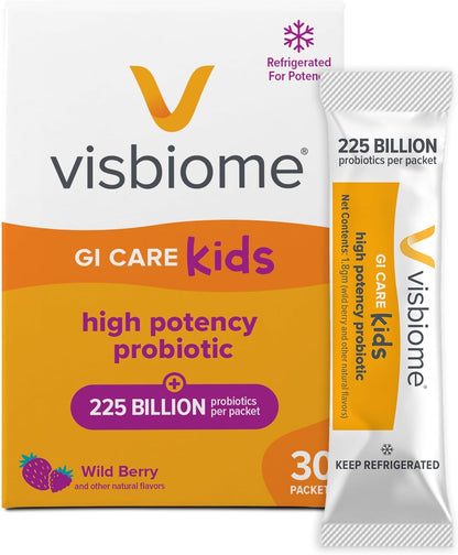 Visbiome® GI Care Kids Probiotic, 225B CFU, Wild Berry, 30 Packets | Original De Simone Formulation®, Multi-Strain, Refrigerated Probiotics, Low FODMAP Certified, Dye-Free, Made in USA