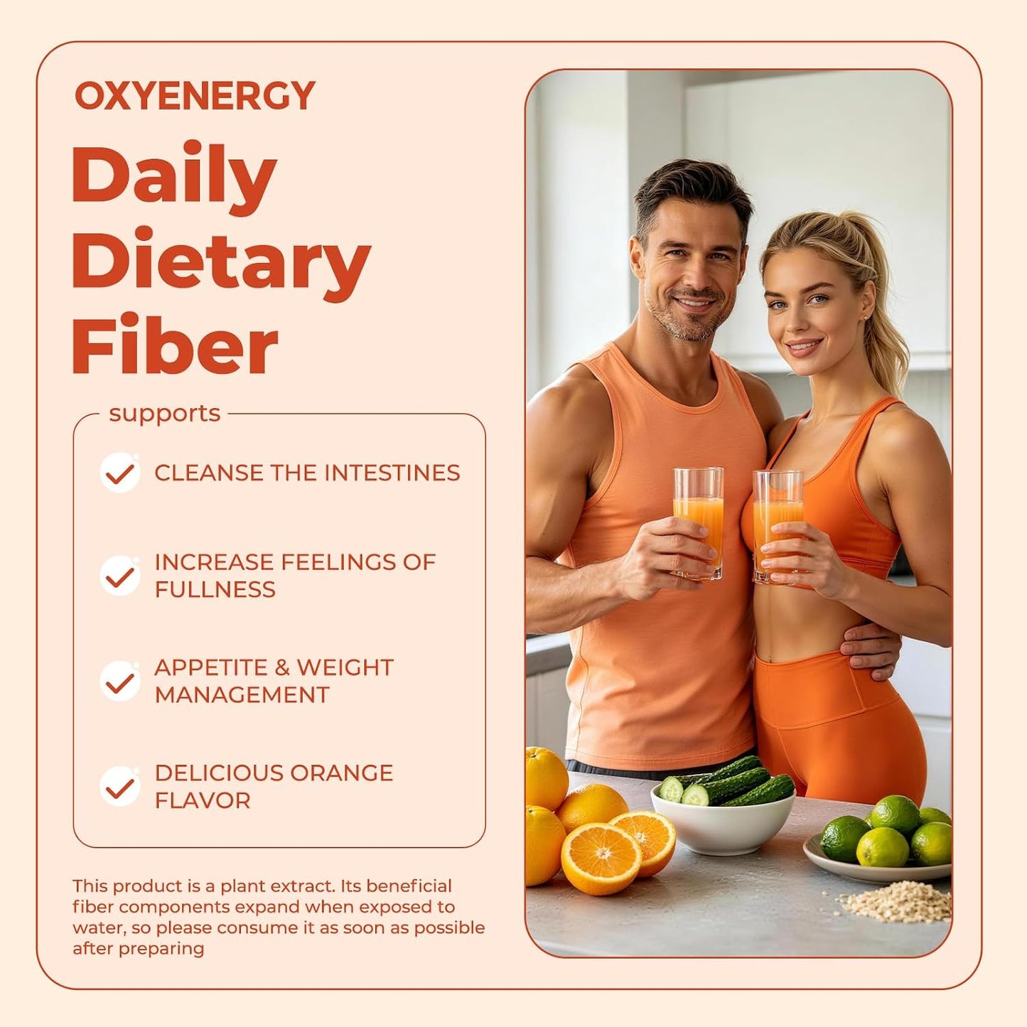 OxyEnergy Fiber Supplement Powder for Women & Men - Fruit and Vegetable Complex Daily Fiber, Weight Loss & Gut Health, Prebiotics & Digestive & Relieve Bloating, Orange Flavored Drink Mix, 30 Packets