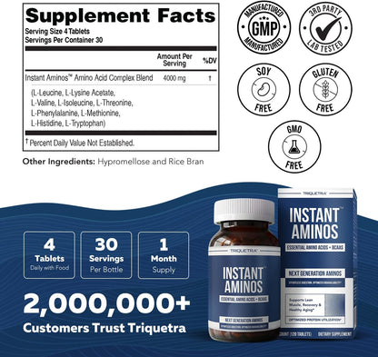 Instant Aminos Tablets - EAA+BCAA - 10 Essential Amino Acids Supplement - Rapid Absorption, No Digestion Required - Supports Lean Muscle, Recovery & Aging - 321% DIAAS Protein Score (1 month supply)
