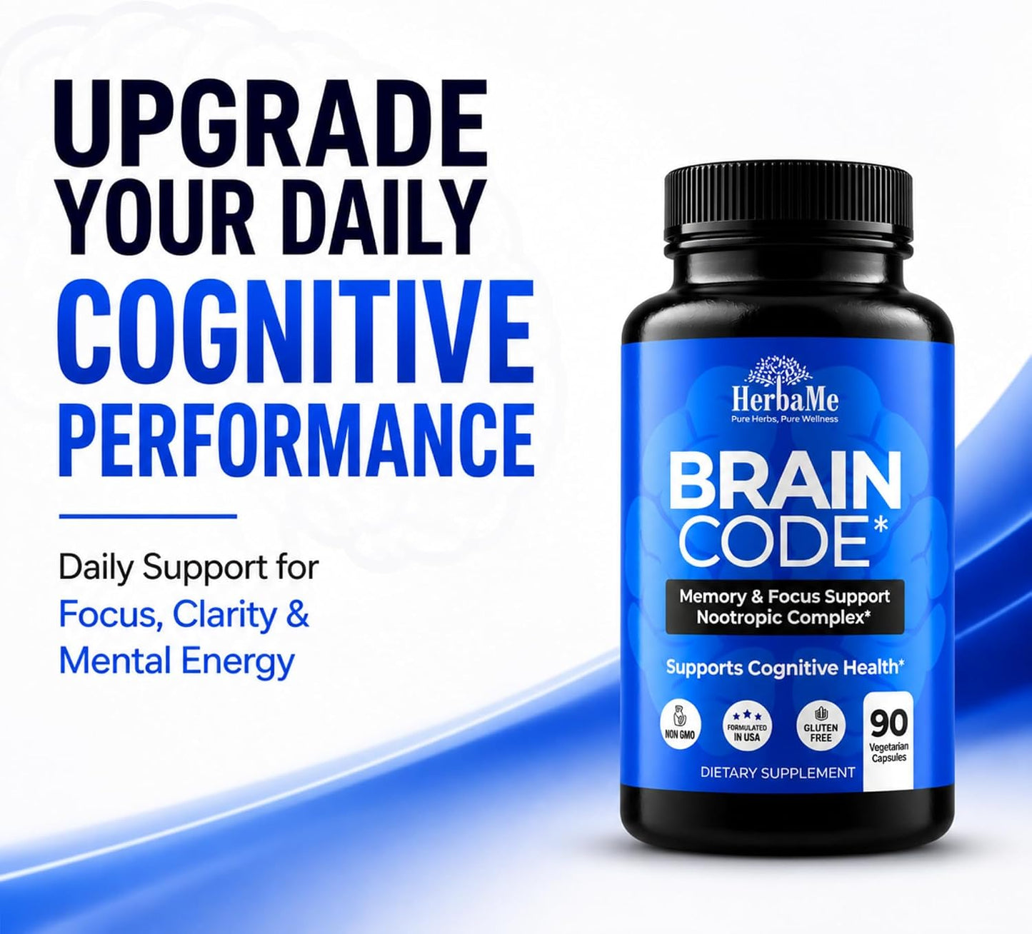 HerbaMe Nootropic Brain Supplement for Focus & Mental Clarity | Daily Cognitive Performance Stack with Choline, Bacopa, Lion’s Mane & L-Tyrosine | Memory & Energy Support | 90 Capsules