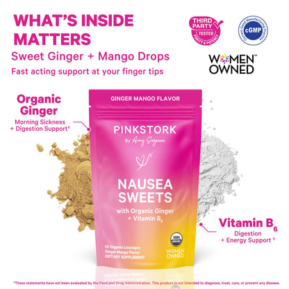 Pink Stork Organic Peppermint Sweets, Peppermint, 30 Candies | Morning Sickness Support, Motion Sickness Support, Added Vitamin B6, 1st Trimester Pregnancy Must Haves, Wrapped