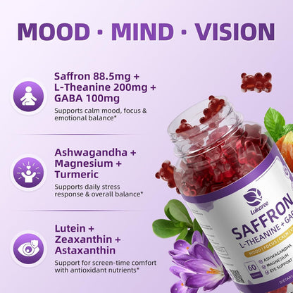 Saffron Gummies 88.5mg with L-Theanine 200mg, GABA for Mood, Focus & Vision | 10-in-1 Supplements for Adults with Ashwagandha, Eye Support Blend, GMP Certified, Sugar Free, Vegan, 60 Day Supply