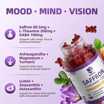 Saffron Gummies 88.5mg with L-Theanine 200mg, GABA for Mood, Focus & Vision | 10-in-1 Supplements for Adults with Ashwagandha, Eye Support Blend, GMP Certified, Sugar Free, Vegan, 60 Day Supply