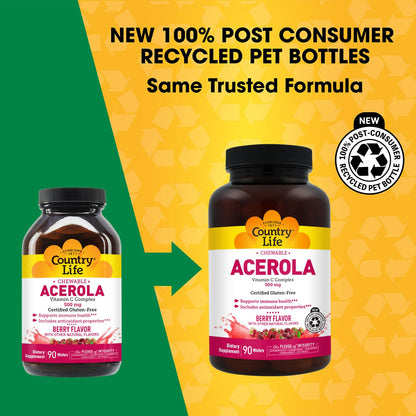 Country Life Acerola Vitamin C Complex, 500mg, Chewable Berry Flavored Wafers, Supports Immune Health, 180 Wafers, Certified Gluten Free by GFCO , Certified Vegan by AVA