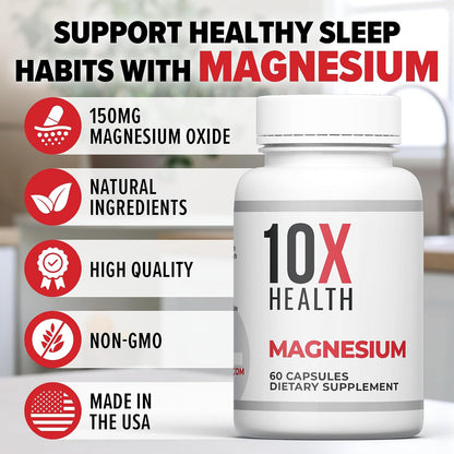10X Health Magnesium Oxide Supplement, Sleep & Muscle Support, 60 Capsules | Magnesium for sleep support, relaxation support, muscle function, recovery support, and balanced nervous system*