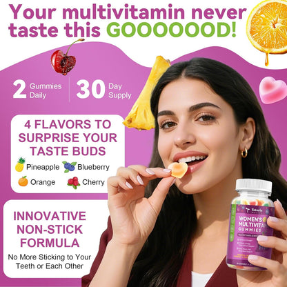 Totaria Sugar Free Womens Multivitamin Gummies with Iron, Women's Multivitamin w/Vitamins C, D3 K2, B12, B6, Filled Gummies for Daily Nutritional Support| Immune Support| Skin Health, Mixed Flavors