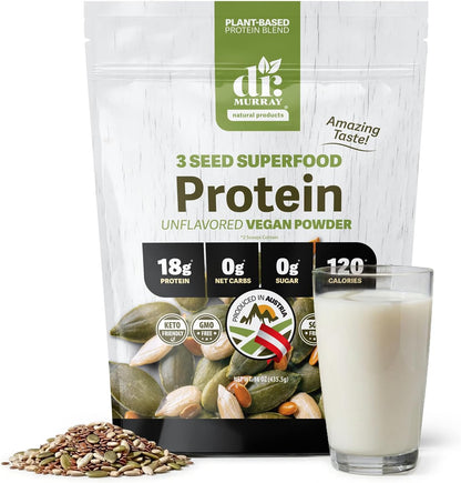 Dr. Murray's Super Foods 3 Seed Protein Powder - Pumpkin Flax Sunflower | Vegan Plant Protein | No Artificial Additives | GMP Certified | Unflavored, 1 lb.
