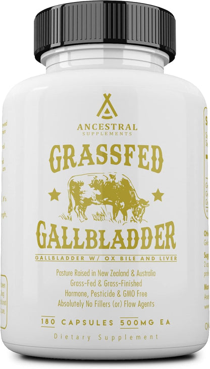 Ancestral Supplements Grass Fed Beef Gallbladder Supplement, 180 Ct | With ox bile and liver support, this formula promotes bile flow, digestive health and gallbladder function.