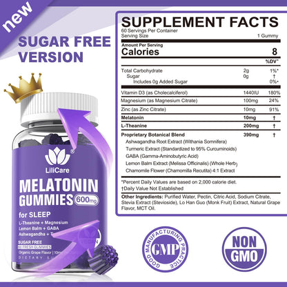 Melatonin Gummies 10mg 20mg for Adults Sugar Free, Extra Strength w/ L-Theanine, Ashwagandha, Magnesium, Turmeric, GABA, Lemon Balm and Chamomile for Healthy Circadian Rhythm, Vegan Grape Flavor, 60ct